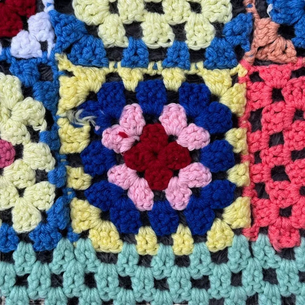 Handmade Crochet Granny Square Throw Afghan 38.5 X 49.5 inch Multi-Color Blanket